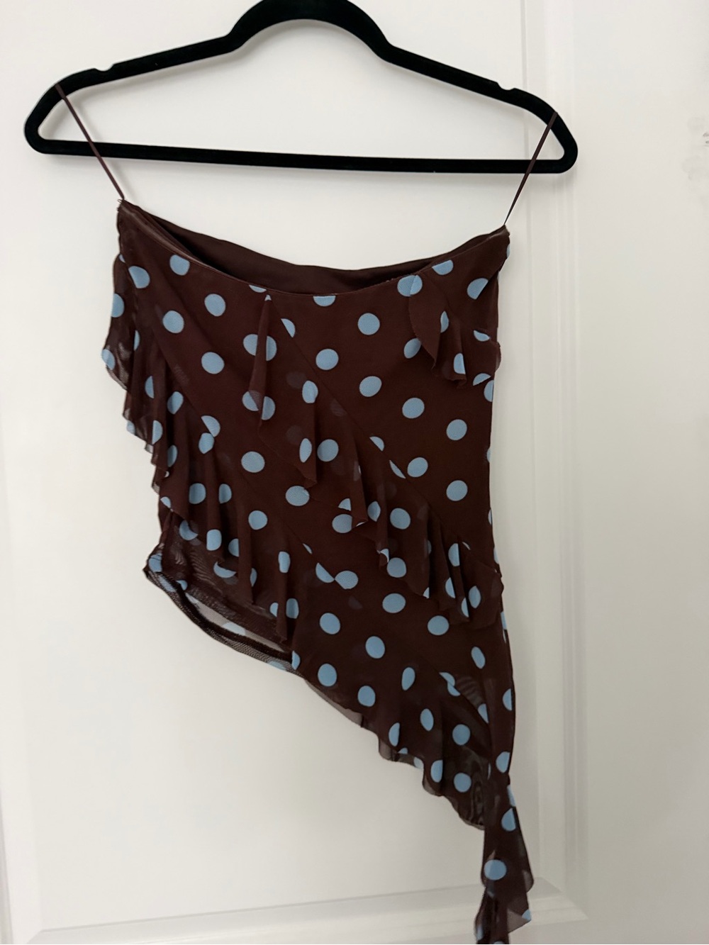 Brown Polka Dot Asymmetric Crop Top - Blue Dots